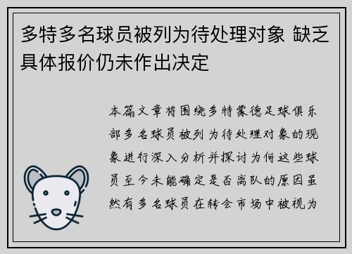 多特多名球员被列为待处理对象 缺乏具体报价仍未作出决定