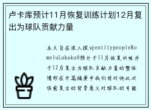 卢卡库预计11月恢复训练计划12月复出为球队贡献力量